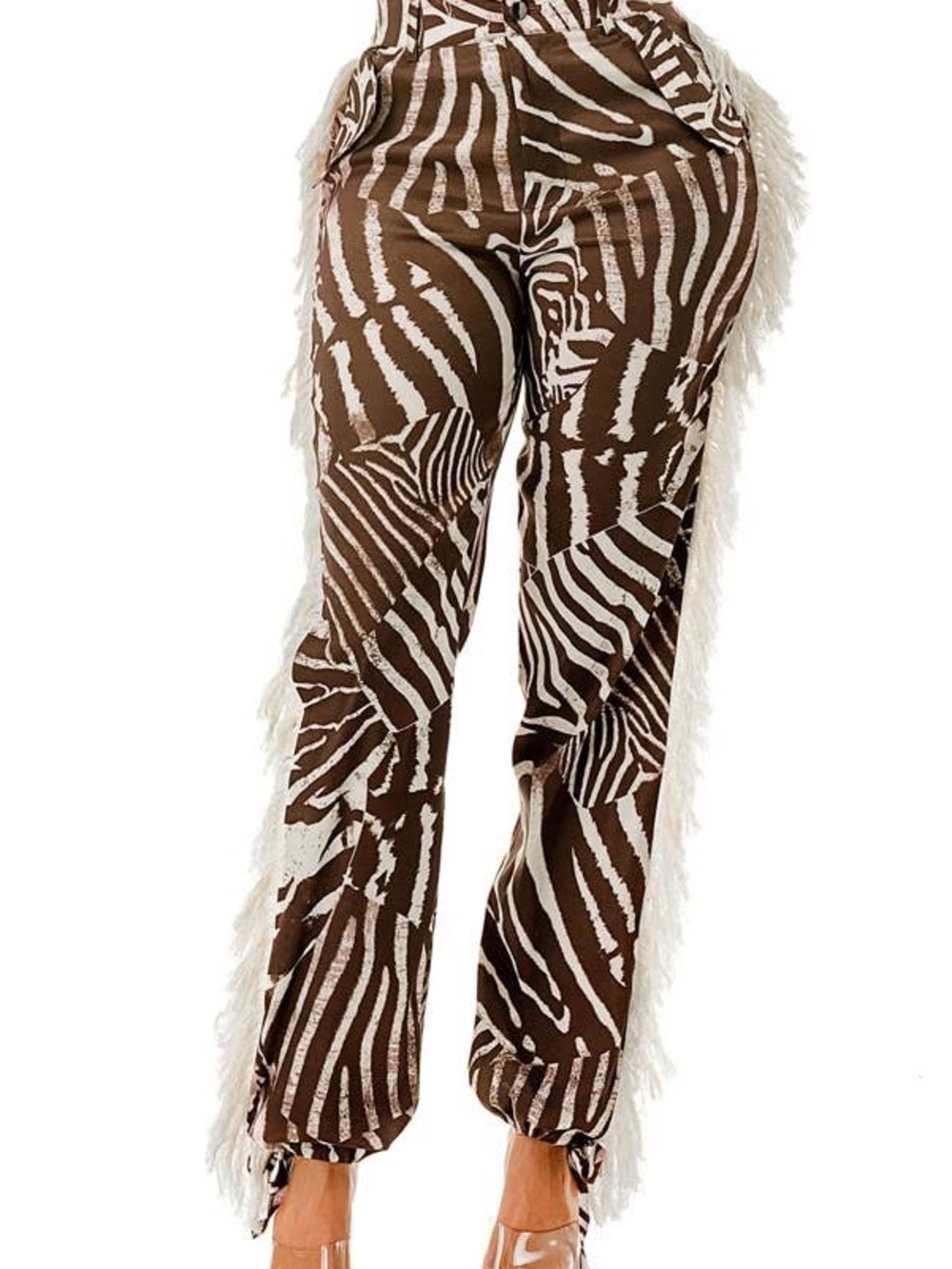 Brown & White Zebra Print Fringe Pants